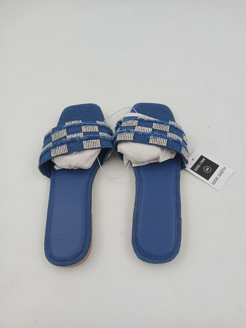 Essie Sandal Shoes Womens Size 8W Denim Rhinestone Checker Slide Wide Width New